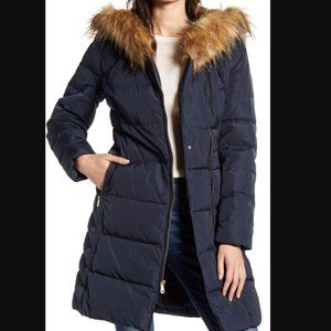 Cole Haan Faux Fur Trim Hooded Asymmetrical Down Puffer Coat - S